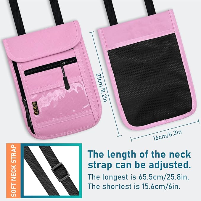 Travel Neck Wallet & RFID Blocking Sleeves for Men and Women, Neck Money Pouch Anti Theft Travel Document Organizer with Adjustable Strap - Pink