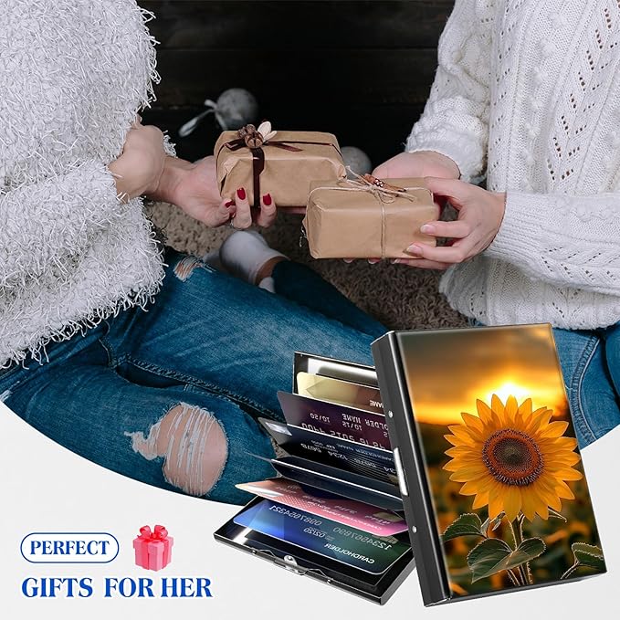 RFID Blocking Credit Card Holder - Slim Metal Wallet for Women & Men,Sunset Sunflower Design Stainless Steel Business Card Case,Compact Pocket Organizer for Travel & Daily Use