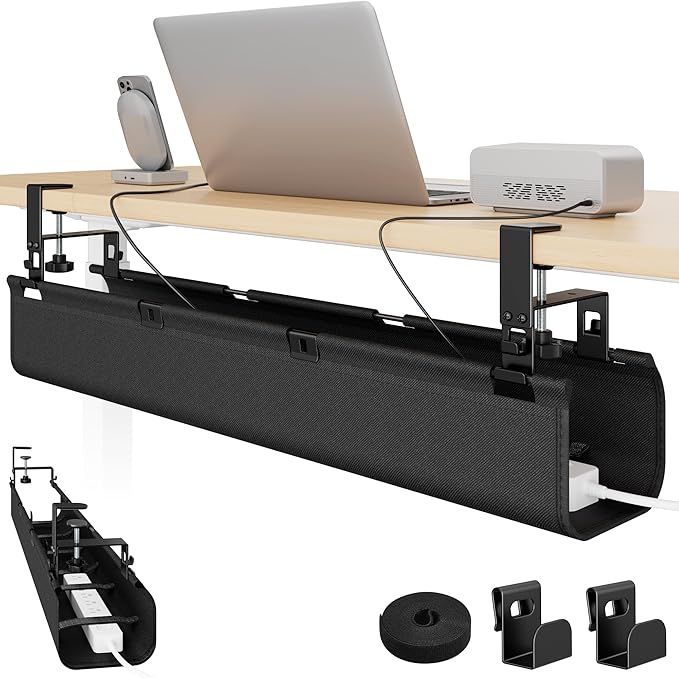 No Drill Under Desk Cable Management Tray, 31.5" Cord Management Under Desk for Table, Clamp Mount Desk Cable Management, Premium Fabric Wire Management Tray for Office, Home