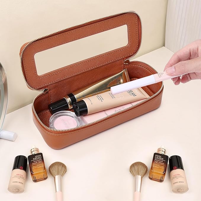 Pinkmik Makeup Brush Case Clear Travel Cosmetic & Toiletry Bag Small Makeup Bag with Zipper Purse Organizer Car Essential Bag for Women (X/Brown, SLIM)