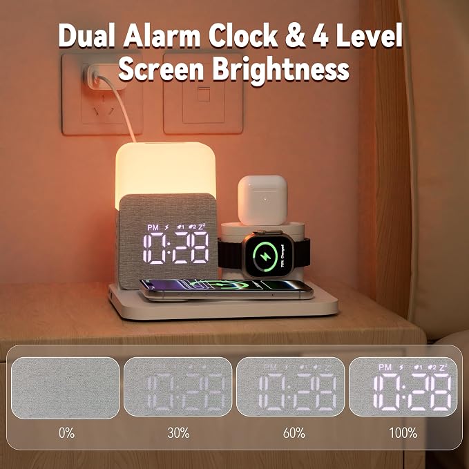 7 in 1 Wireless Charging Station, Magnetic 25W Fast Charger with Alarm Clock & Night Light, Bedside Charging Stand for iPhone 17 16 15 14 13 12 Pro Max, Apple Watch, AirPods, Bedroom