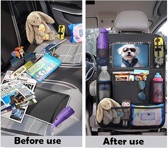Car Backseat Organizer with tablet holder,1Pcs Kick Mats Back Seat Protector with 9 Storage Pockets Travel Accessories Easy to Clean BLACK