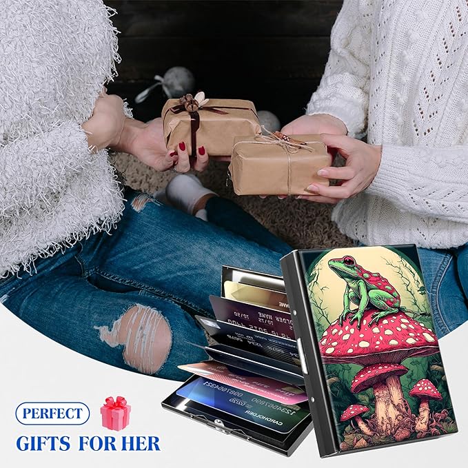RFID Blocking Credit Card Holder - Slim Metal Wallet for Women & Men,Frog Sitting on Mushroom Design Stainless Steel Business Card Case,Compact Pocket Organizer for Travel & Daily Use