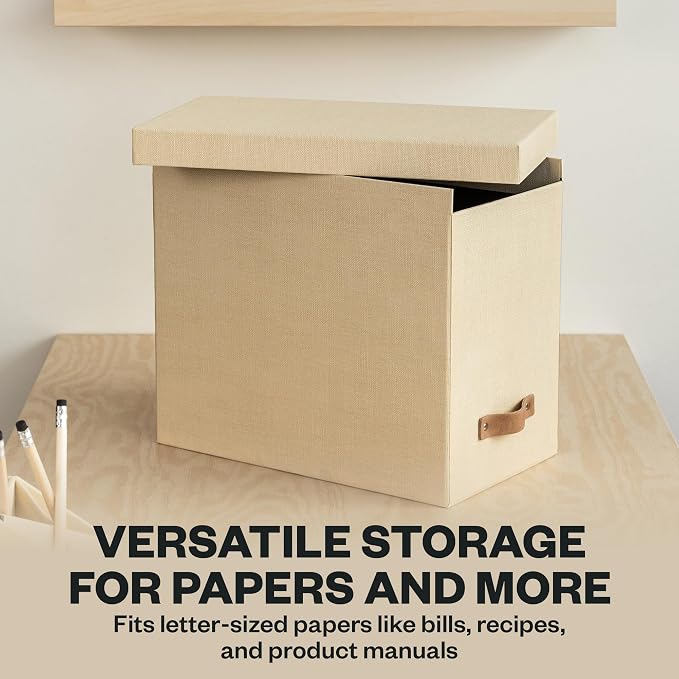 Bigso John File Box - File Storage Box and File Organizer for Important Paperwork - Durable Hanging File Box with Lid and Leather Handle - 7.36 in x 13.26 in x 10.51 in - Cream
