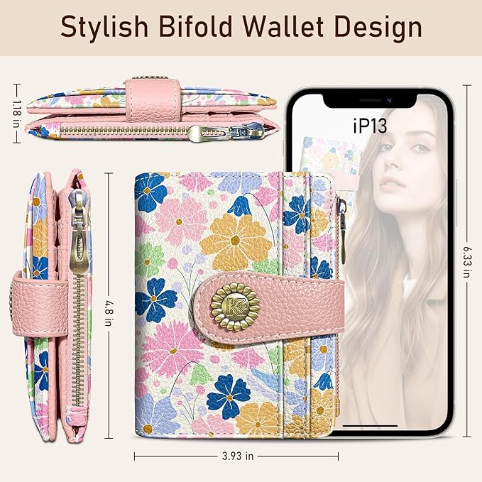 Kelvoris Pastel Art Flower Floral Small Rfid Women Wallet Bifold Zipper Coin Pocket PU Leather Compact Cash Credit Card Holder Travel Wallet for Female Ladies Teen Girls 1 ID Window 10 Card Slots