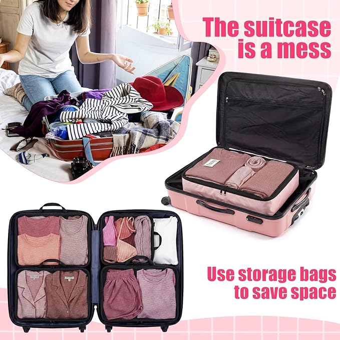 7 Pcs Packing Cubes for Travel Days of Week Compression Packing Cube with Labels Organizers Luggage Storage Bag(Pink,Large)