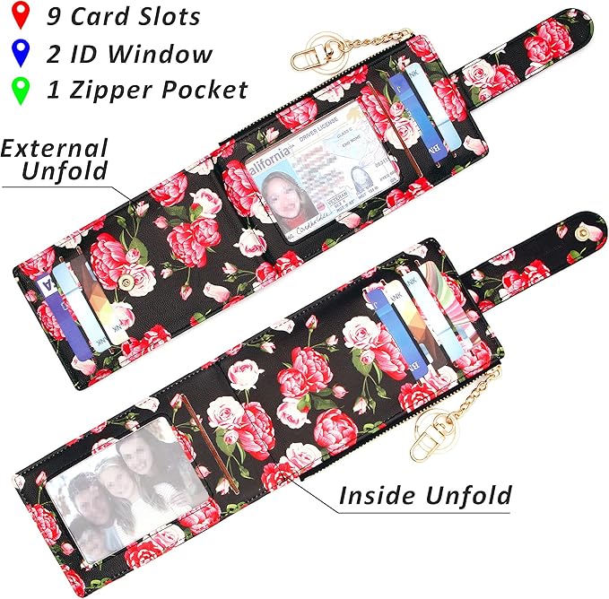 Badiya Slim Women Wallet RFID Blocking Bifold Compact 9 Card Slots Holder Wallets Soft Leather with Zipper Coin Pocket 2 ID Window