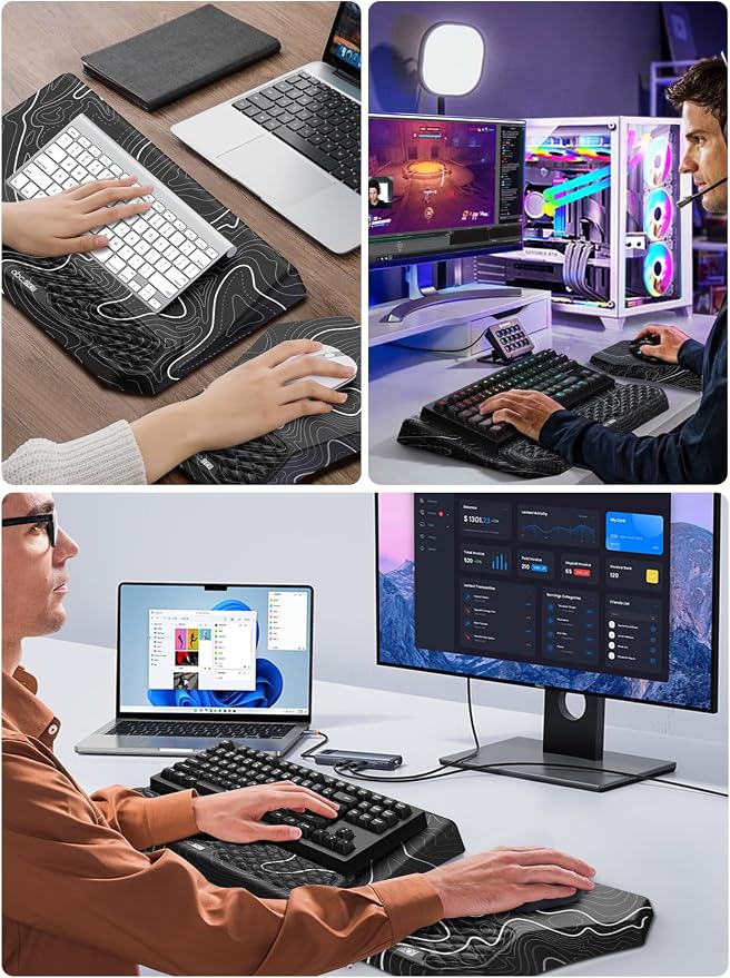 3-in-1 Ergonomic Keyboard Stand with Wrist Rest & Mouse Pad Set, Comfy Keyboard Riser Holder Soft Mousepad with Massage Design, Memory Foam and Non-Slip PU Base for Pain Relief, Topographic