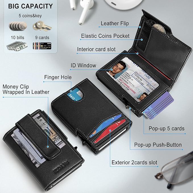 miyozi Men Wallet,with Money Clip Coins Pocket ID Window,Slim Front Pocket RFID Blocking Pop-up Card Holder 3.9"x 2.7", Gift Boxed