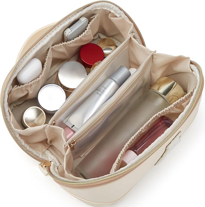 YTL Travel Makeup Bag, Large Capacity Cosmetic Bag for Women, Waterproof PU Leather, Flat Open Portable Toiletry Bag for Skincare, Brushes & Travel Essentials