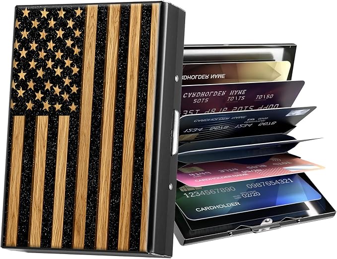 Metal Wallet,Credit Card Holder for Women Men,RFID Blocking Card Holder Mini Slim Aluminum Wallet ID Case Hard Case Business Card Holder Case,Cute Wood Flag