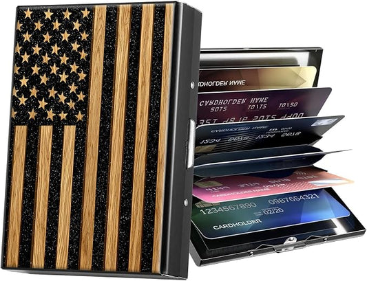 Metal Wallet,Credit Card Holder for Women Men,RFID Blocking Card Holder Mini Slim Aluminum Wallet ID Case Hard Case Business Card Holder Case,Cute Wood Flag