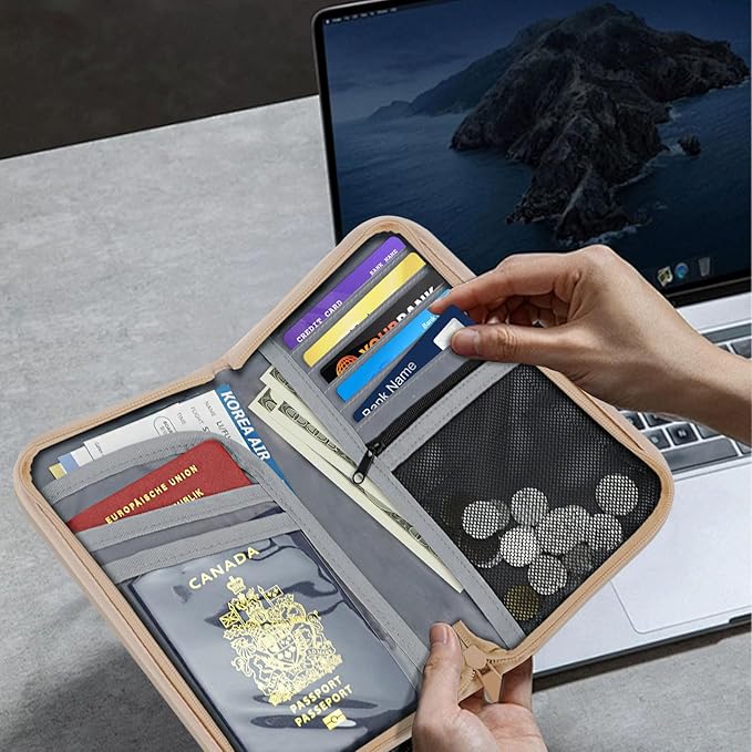 Passport Holder for Travel, Rfid Blocking Passport Wallet Travel Documents Organizer, Waterproof Family Passport Holder with Wrist Strap for Men & Women, Pink