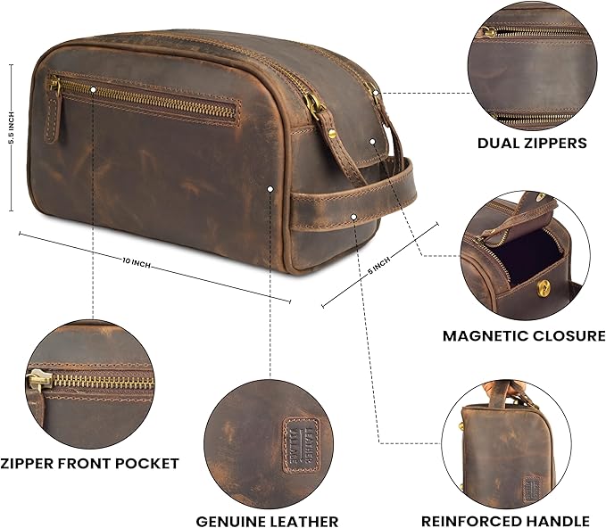 LEATHER VILLAGE Genuine Leather Toiletry Travel Bag With Waterproof Lining - Brown | King-Size Handcrafted Vintage Dopp Kit Bag, Shaving & Bathroom Organizer, Gift for Men & Women