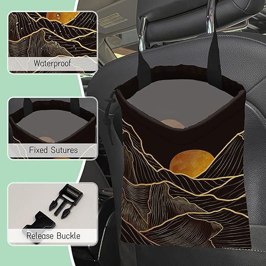 Gold Mountains Car Trash Bag,Hanging Drawstring Car Garbage Bag,Waterproof Canvas Car Back Seat Organizer with Adjustable Buckle,for Vehicles,SUVs,Camping,Road Trips
