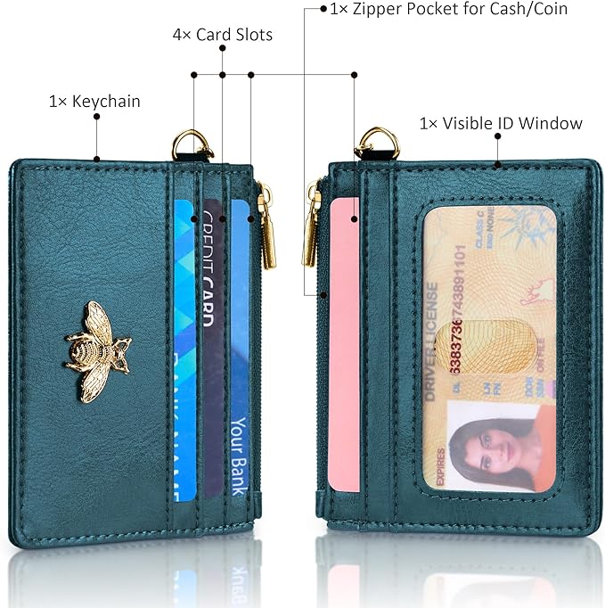 SEAVILIA Card Holder Keychain Wallet for Women with ID Window RFID Coin Purse Bee Gifts Slim Minimalist Small Wallet
