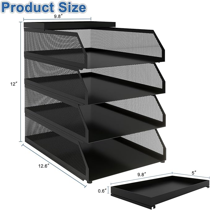 Natwind 4-Tier Paper Organizers,Desk Organizer,Stackable Paper Tray, Desk Accessories,Metal Mesh Desktop Organizer,Letter Trays,File Document Storage Rack for for Home, Office, School (Black)