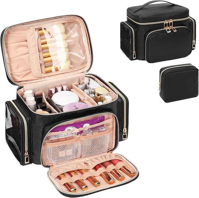 Makeup Bag, 2PCS Leather Large Travel Makeup Bag, Portable Waterproof Makeup Bag Organizer for Women with Makeup Brush Compartment, Cosmetic Travel Bag Vertical Storage Toiletry Bag, Black