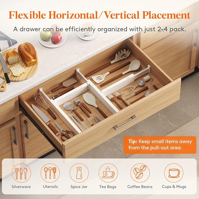 Lifewit 4 Pack 2.36" High Drawer Dividers 28-43.5cm/11-17" Adjustable Drawer Organizer for Clothes/Utensils, Expandable Drawer Separator in Dresser/Kitchen/Bedroom/Office Organization & Storage White