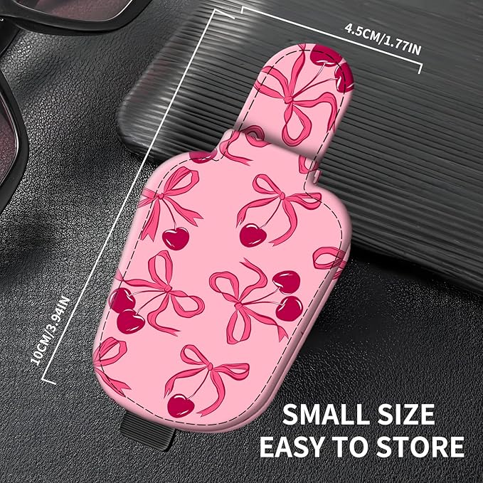 Leather Magnetic Sunglass Holder for Car Sun Visor, Cute Eyeglass Ticket Card Hanger Clip, Universal Auto Interior Accessories for SUV Pickup Truck Pink Bow