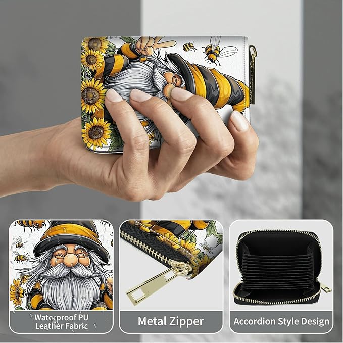 Cute Credit Card Holder with Zipper, Bee Dwarf Sunflower RFID-Blocking Card Case Small Wallet for Women Men, Multi-slot Card Organizer Case Travel Accordion Wallet