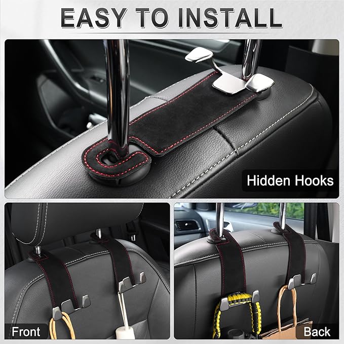 GaRhomxy Car Seat Headrest Hook, Premium Suede Double Hook 2 Pack, Universal Hanging Accessories for Purse, Bag, Groceries - Car Interior Accessories (Black)