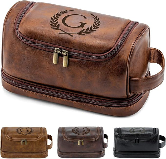 Mens Toiletry Bag Travel Essentials Personalized Monogrammed Initial Gifts for Him, Teacher Coach Appreciation Retirement Thank You Gifts Shaving Bag for Toiletries Accessories, Reddish Brown G