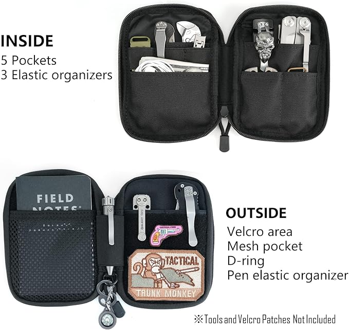 Sayram EDC Pouch Organizer Small Utility Pouch for Multitool, Nylon Tactical Gear Bag with DIY Patch Panel D-Ring, Compact Everyday Carry Pouch for Keys Flashlight Knife