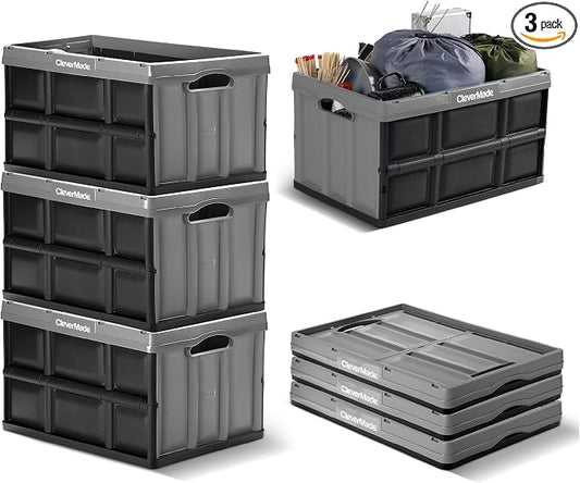 CleverMade Collapsible Storage Bins 62L (3-Pack) – Heavy Duty Collapsible Plastic Storage Bins, Large Stackable Folding Storage Bins for Garage, Car, Grocery & Home Organization - Stone