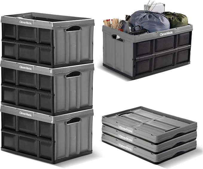 CleverMade Collapsible Storage Bins 62L (3-Pack) – Heavy Duty Collapsible Plastic Storage Bins, Large Stackable Folding Storage Bins for Garage, Car, Grocery & Home Organization - Ocean