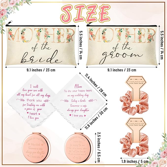 Y1tvei 8Pcs Mom Flower Mother of the Groom and Bride Gifts Set Mother of the Bride Canvas Cosmetic Bag Small Makeup Mirror Handkerchief Rose Gold Scrunchies Engagement Wedding Gifts for Mum in Law