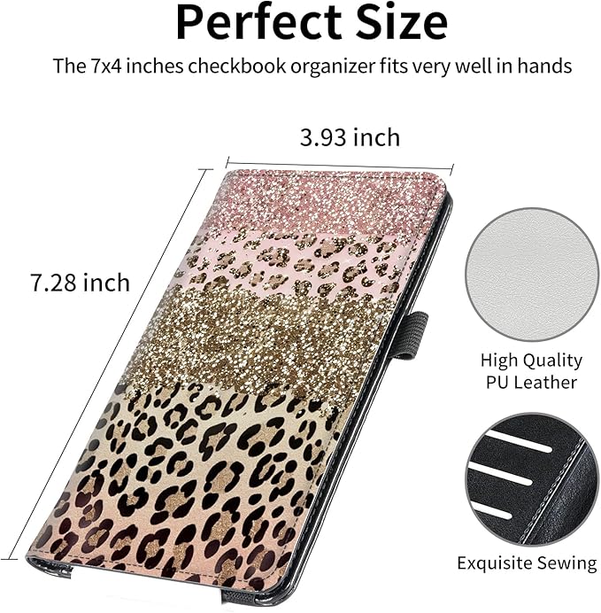 FUYOCWE Leather Checkbook Covers for Men Women Check book Holder Cover Wallets for Personal Checkbook Duplicate Checks with RFID Blocking & Elastic Strap-Pink Gold Leopard print