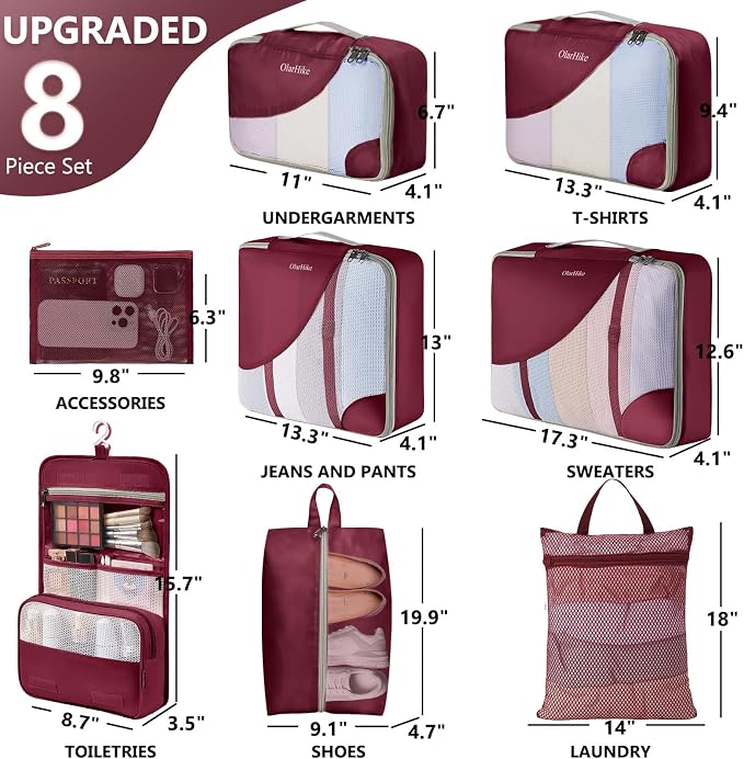 8 Set Packing Cubes for Travel, Gifts for Women Mom,Anti-Tearing Suitcase Organizer,OlarHike Vacation Essentials & Accessories for Cruise Ship