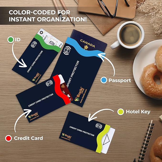 Boxiki Travel 7-Piece RFID Passport Holder & Card Sleeves – Block Electronic Theft for Credit Cards, IDs, and Passports – Perfect for Men & Women (Navy Blue)