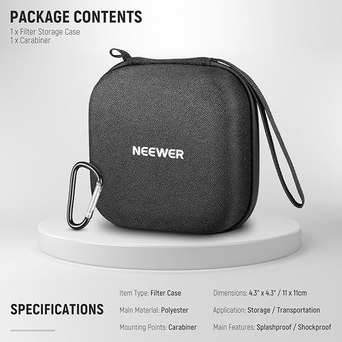 Neewer PB12 11 x 11 cm Filter Storage Bag with Expandable Dividers, Wrist Strap and Carabiner for 4 Circular Filters 86 mm