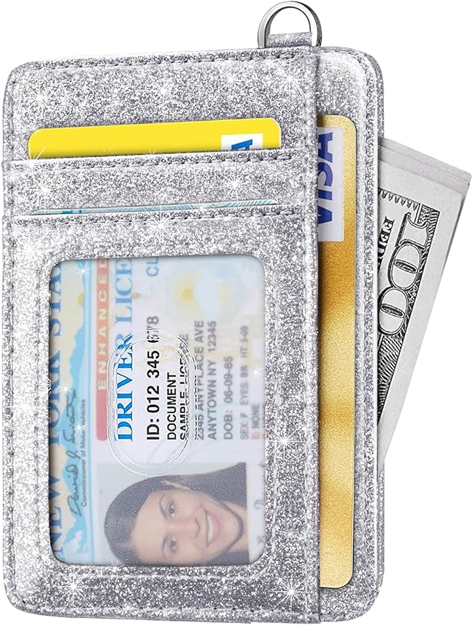 Coco Rossi Slim Front Pocket Wallet RFID ID Card Holder Cute Small Wallet with Keychian for Women,Silver Glitter