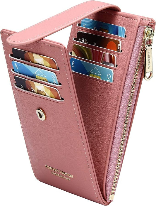 Badiya Slim Women Wallet RFID Blocking Bifold Compact 9 Card Slots Holder Wallets Soft Leather with Zipper Coin Pocket 2 ID Window