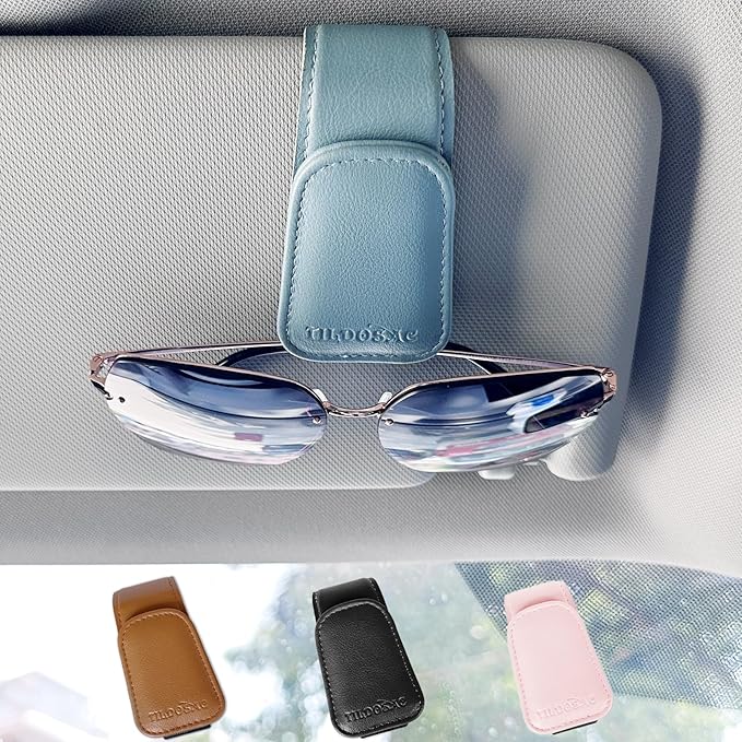 TILDOSAC Sunglasses Holder for Car Visor, Leather Magnetic Sunglass Holder for Car with Clip, Blue