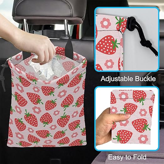 Car Trash Bag Strawberry Flower Car Garbage Bag Hanging Car Trash Can for Back Seat with Drawstring
