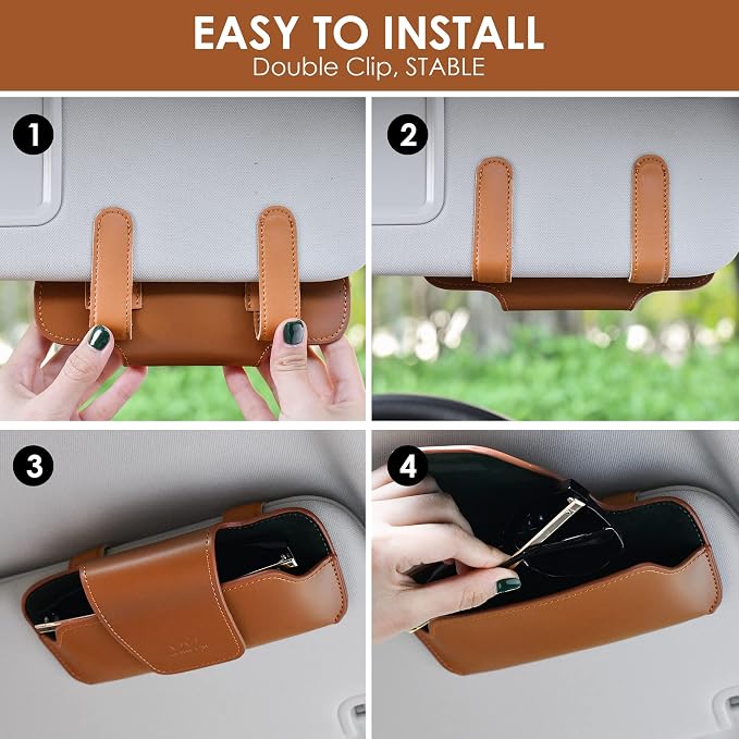Sunglass Holder for Car Visor, Car Sunglasses Holder Leather, Eyeglasses Holder Glasses Storage Case Visor Accessories