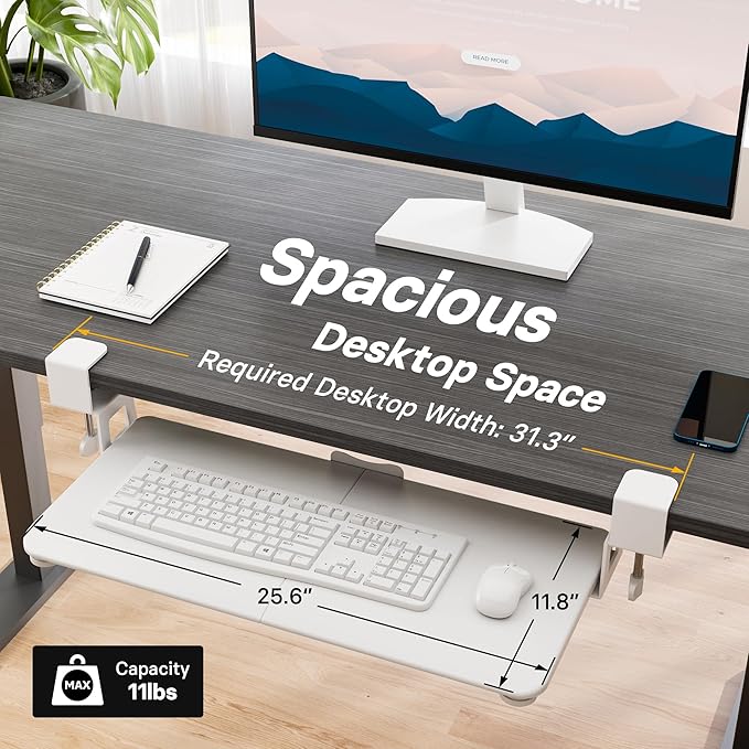 BONTEC KMT01 Under Desk Keyboard Tray, Pull-Out Keyboard & Mouse Platform with C-Clamp, 25.6 x 11.8 in Space-Saving Ergonomic Slide-Out Drawer, White