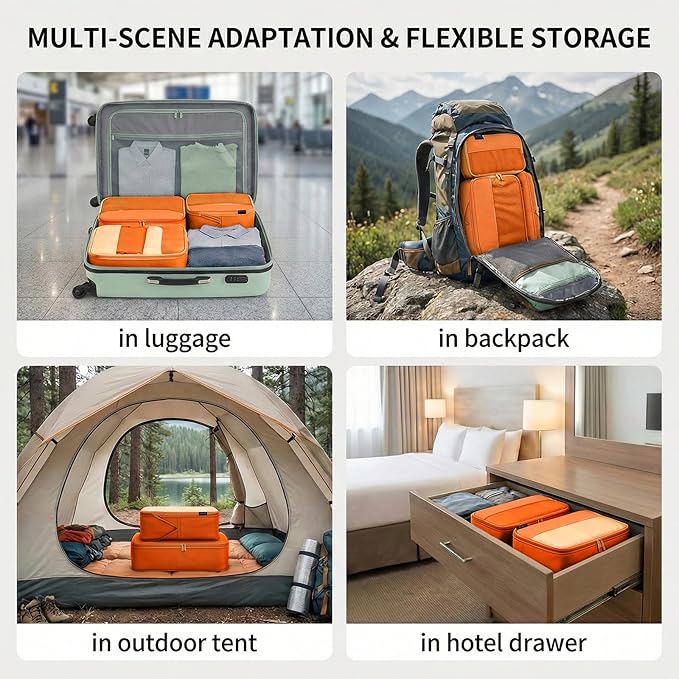 4 Piece Compression Packing Cubes for 3–7 Day Travel, Space Saving Travel Organizers with Breathable Mesh, Double-Zipper Packing Cubes for Carry-On & Suitcases (Orange)