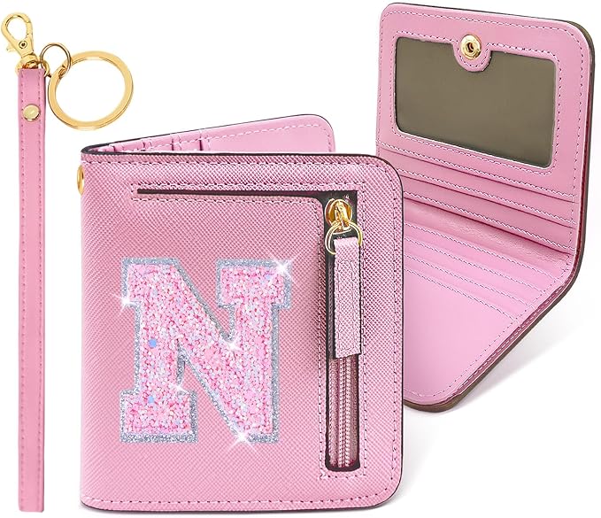 COSHAYSOO Small Wallet for Women Teenager Girl Personalized Initial Gift Preppy Letter Monogrammed Patch Mini Purse Waterproof for Travel Credit ID Cards Cash Holder Novelty Organizer Pink N, Compact