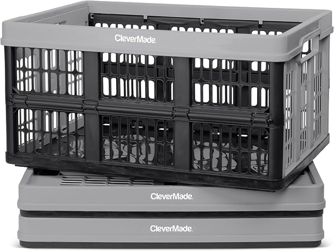 CleverMade Collapsible Utility Crates, Stone, 3-Pack, 45L/11 Gal, 66 lbs Capacity, Stackable, Space-Saving