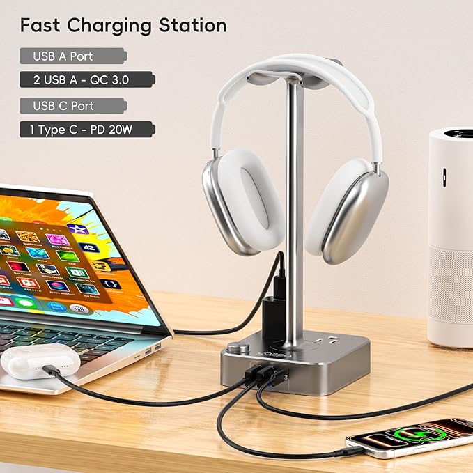 Headphone Stand with PD Fast Charger & QC3.0,Gaming Headset Holder with 3 USB Ports 2 AC Outlets for Desk,Cool Gamer Gifts for Men,Boyfriend,Teen Boys,Friends – Perfect Gaming Accessories & Room Setup