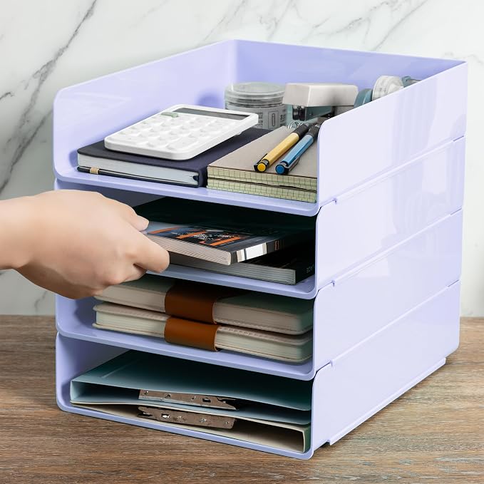 Tiawudi Desk Organizer, Office Organization and Storage, Plastic Letter Tray, Stackable File Organizer for Classroom, Home, Documents, Notes, Folders, Books and Pens, 4 Tier
