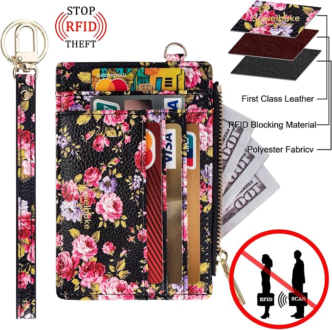 Wikavanli Women Slim Rfid Blocking Credit Card Case Holder Wristlet Zip ID Case Wallet Small Compact Leather Wallet Coin Purse with Keychain (Z-Color flower)