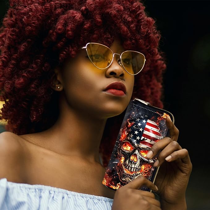 RFID-Blocking Zip Around Wallets for Women with Detachable Wrist Strap,Large Capacity Phone Holder with Card Organizer & Coin Pocket,American Flag Flame Skull