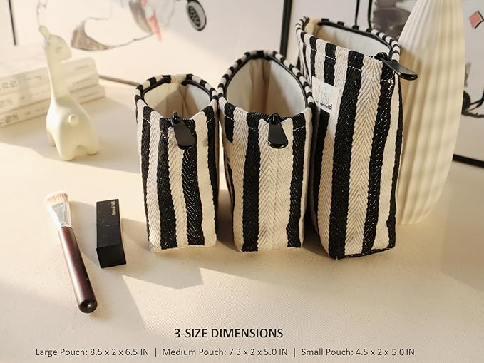 HAPPYHEIDI Black White Stripe Makeup Bag Set 3 with Compartment Cosmetic Toiletry Travel Pouch,Purse Accessory Organizer, 3-Size, Canvas Lined