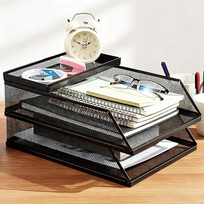 2-Tier Stackable Paper Tray Organizer with Top Tray, Metal Mesh Desktop File Holder & Document Sorter for Office, Home, Learning Places (Black)